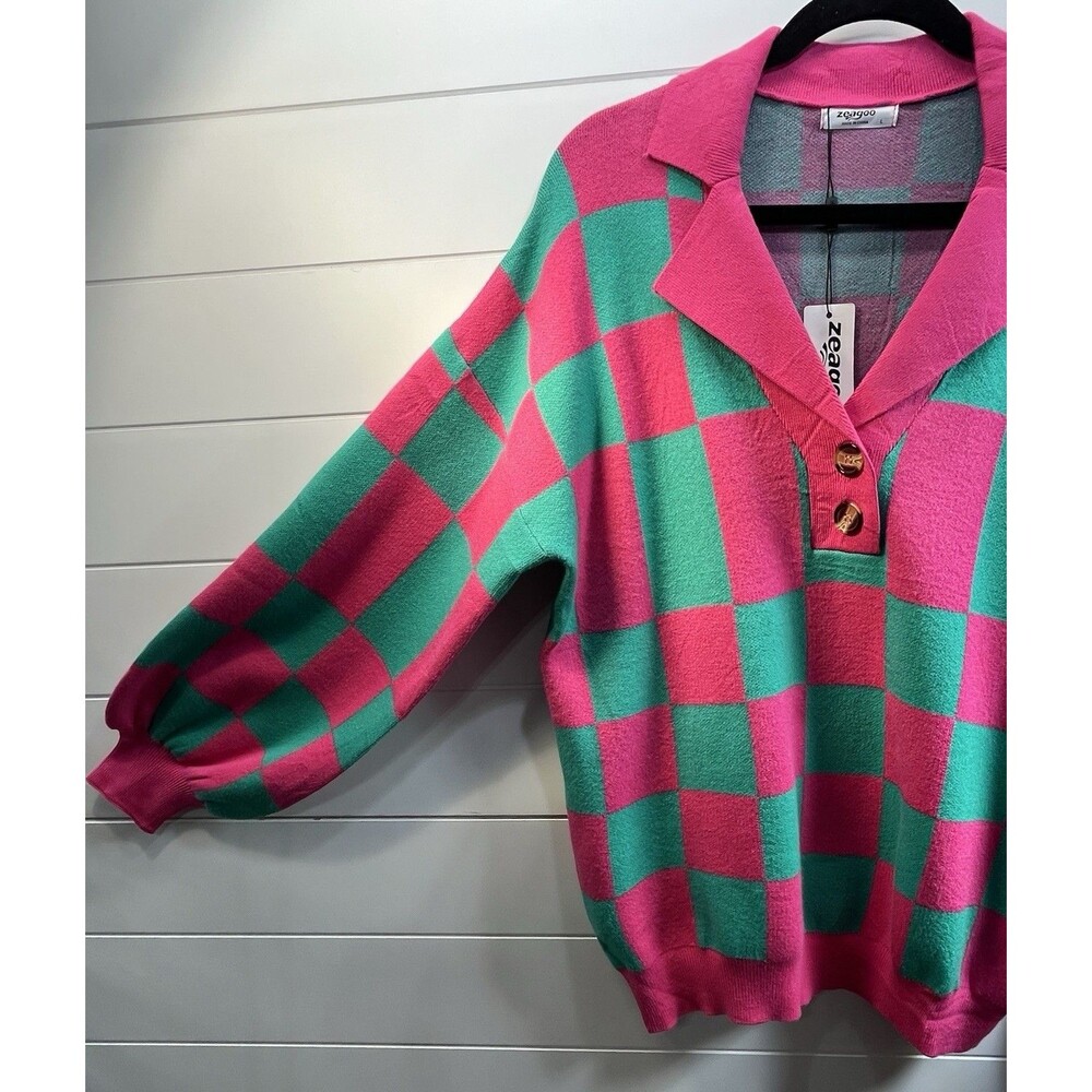 Zeagoo Hot Pink Green Plaid Sweater NEW Womens L Clueless Preppy Prep School - Picture 3 of 10